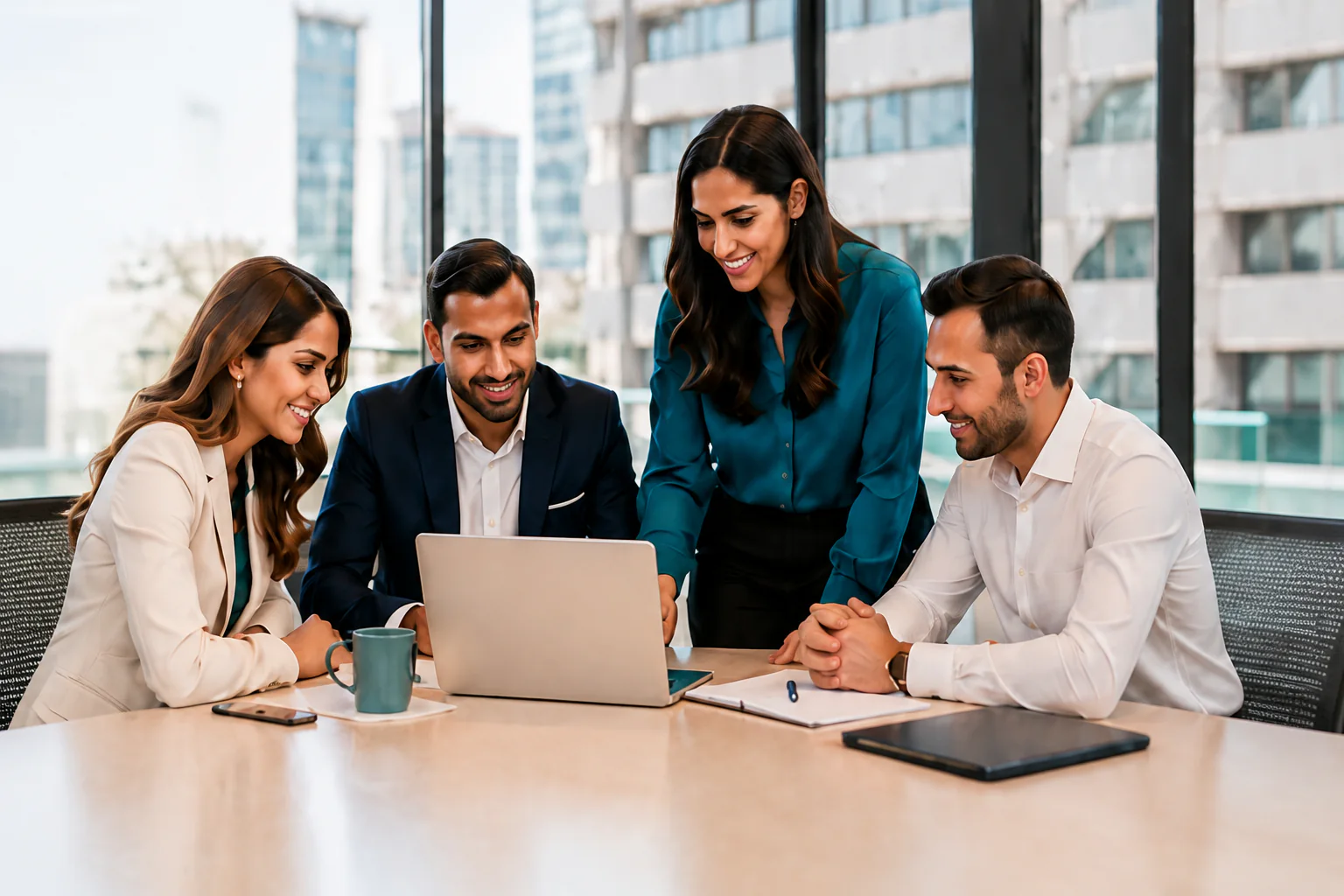 Four colleagues reviewing work together around a laptop